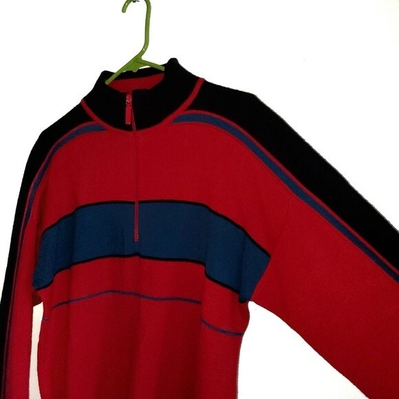 vintage 80s Meister 1/4 Zip Red Blue Black Mock Neck Wool Blend Ski Sweater M. - Picture 2 of 8